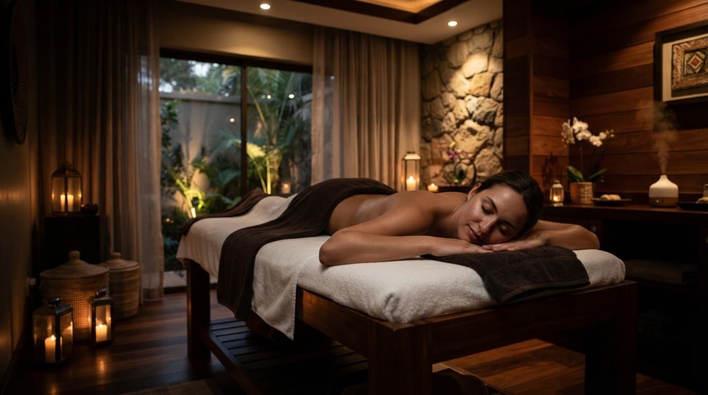 A client lies on a wooden massage table in a warmly lit Nairobi spa room.