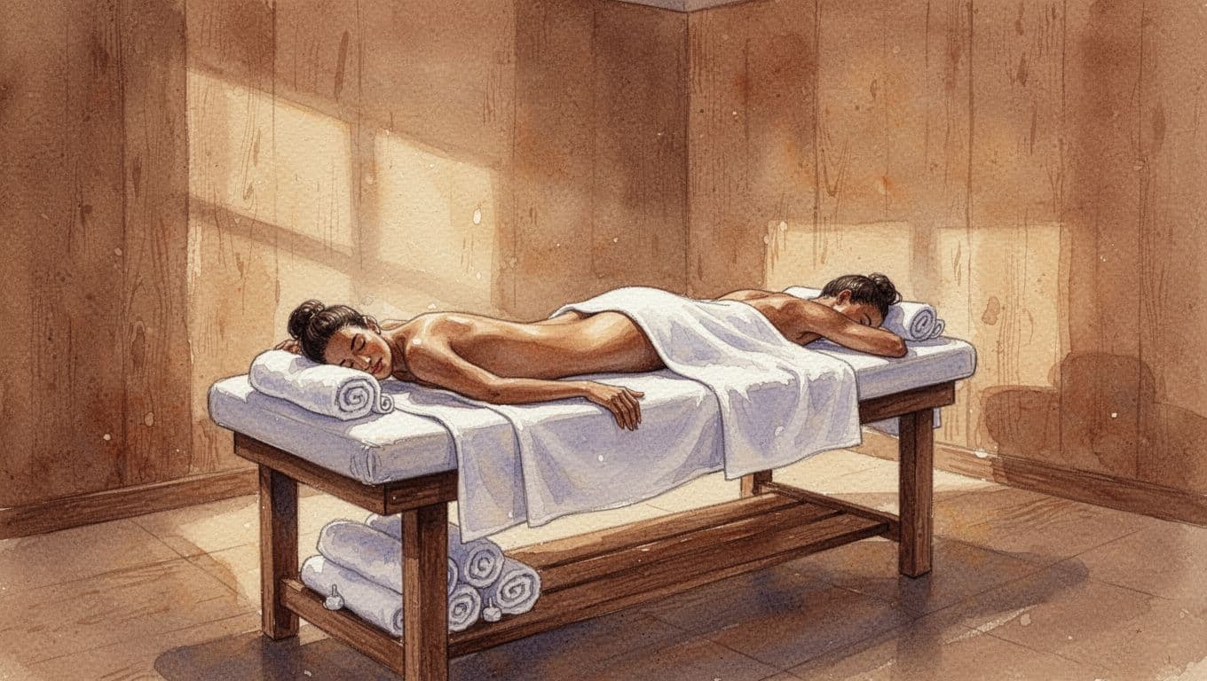 A tranquil massage table with rolled towels inside a warm wooden spa room.