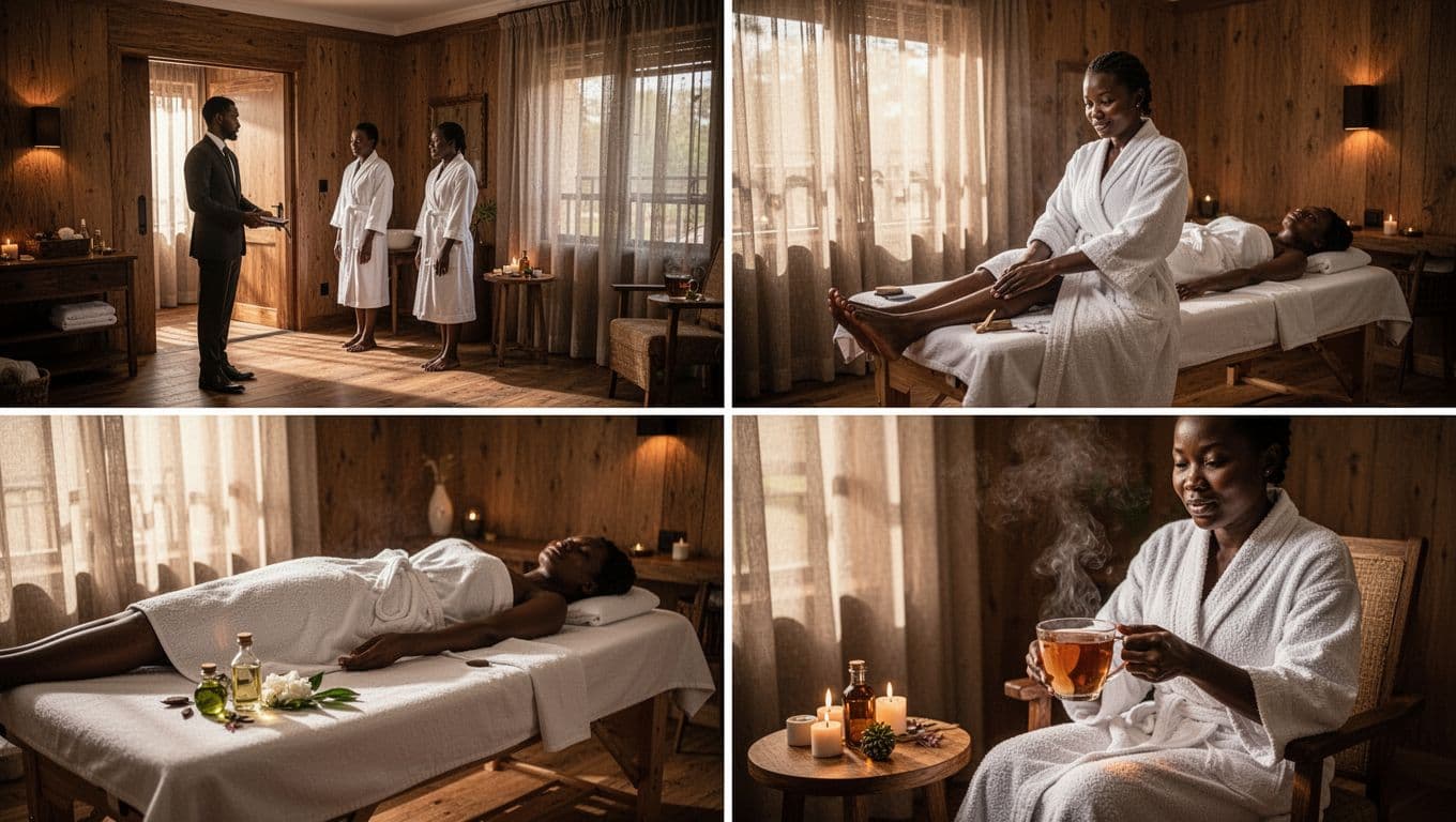 Collage of four scenes depicting a client arriving, changing, receiving massage, and relaxing with tea in a discreet Nairobi spa with fresh linens and oils.