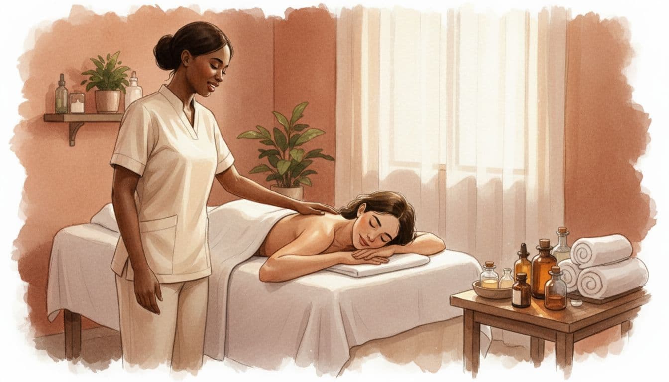 A woman massage therapist in uniform greets and assesses a relaxed client lying face down on a massage table in a cozy Nairobi CBD spa room with warm ambient lighting, fresh towels, and essential oils, in soft watercolor style.