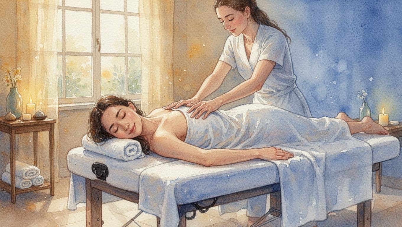 A person rests comfortably on a massage table within a tranquil room painted in soft watercolor strokes. Warm golden light glows against cool blue shadows to create a peaceful atmosphere.