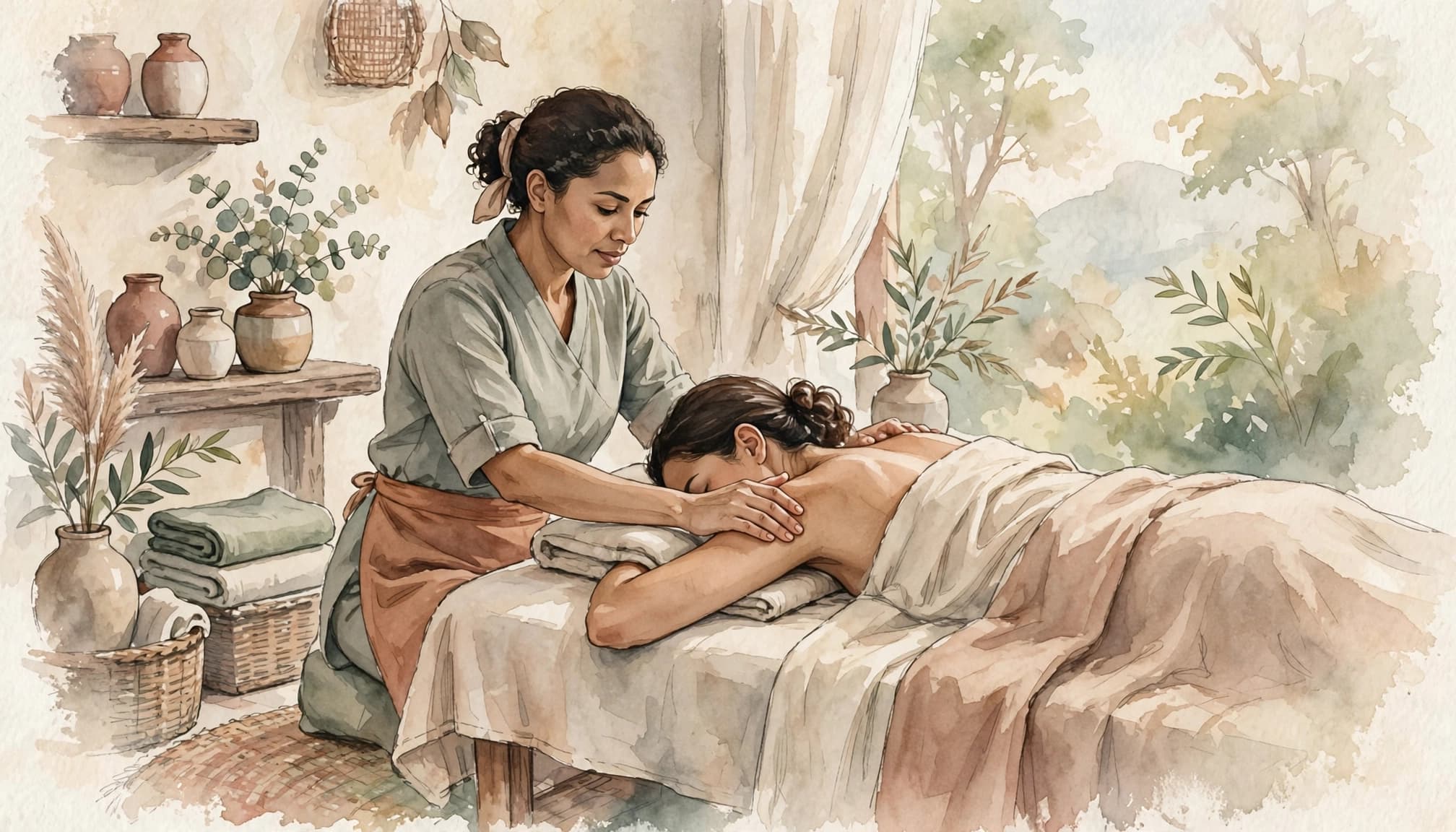 Private Female Escorts in Nairobi: Choosing a Massage Provider 2 A therapist massages a client's shoulders in a softly colored spa room.