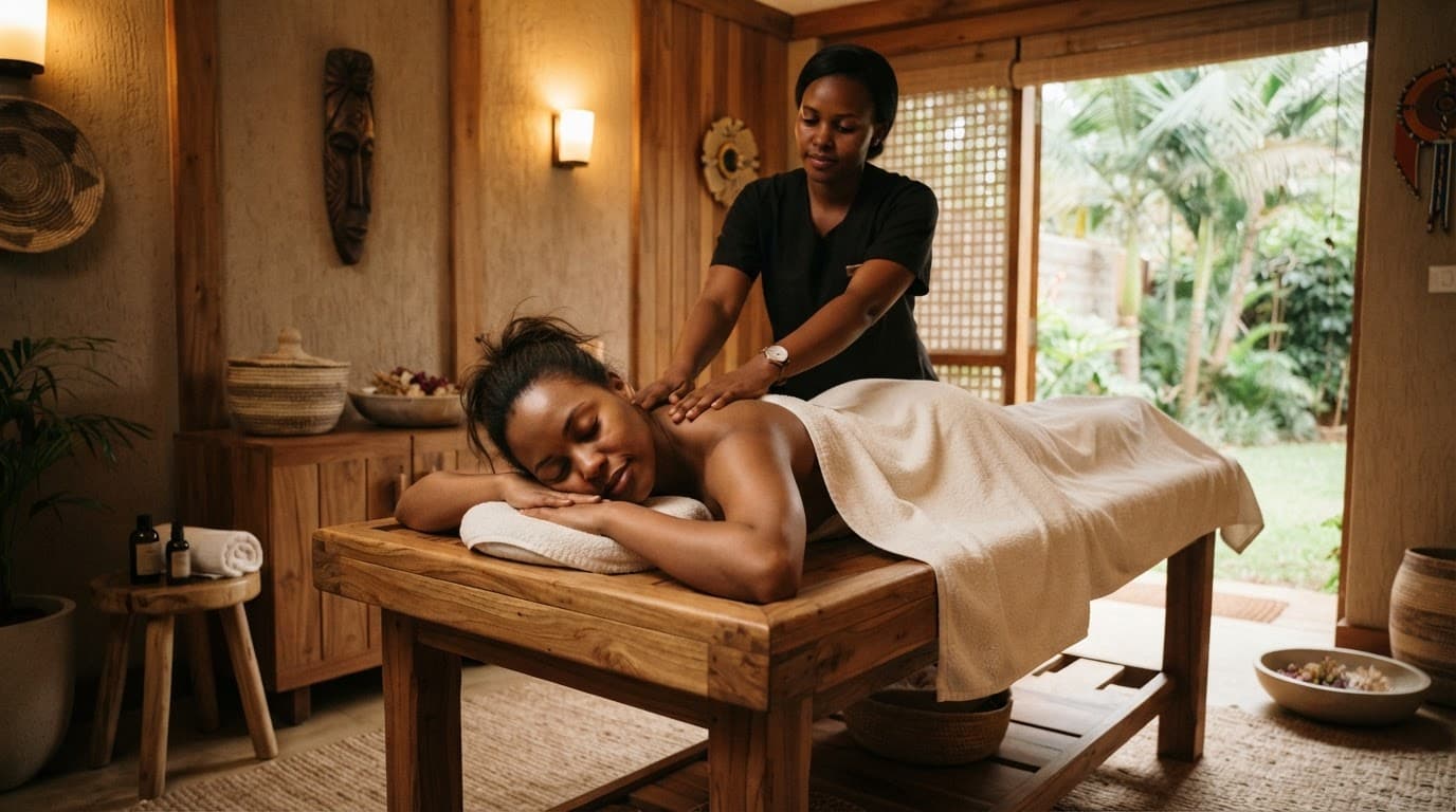 A client receives a gentle shoulder massage on a bed in a warm, quiet spa room.