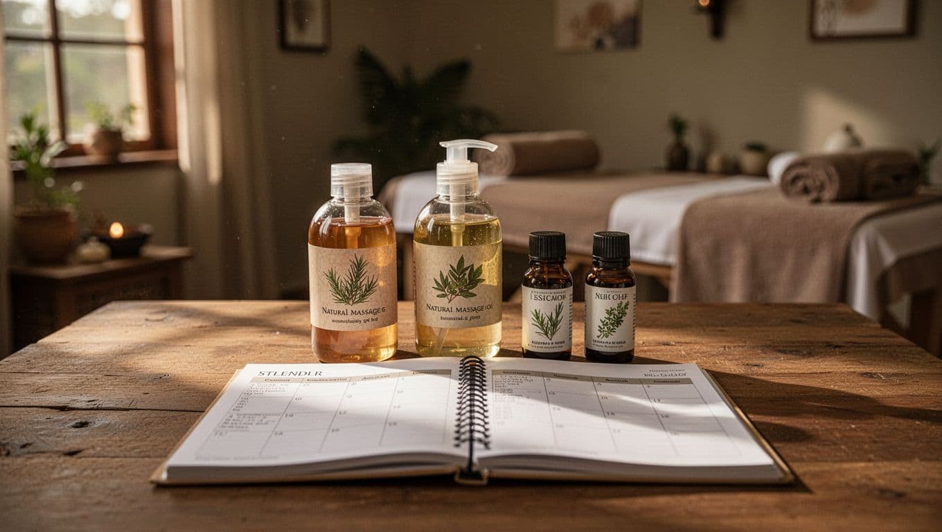 Assortment of natural massage oils, essential herb bottles, and open schedule planner book arranged on a wooden table in a sunlit Nairobi spa treatment room with blurred cozy background and bold 'Match Products' header.