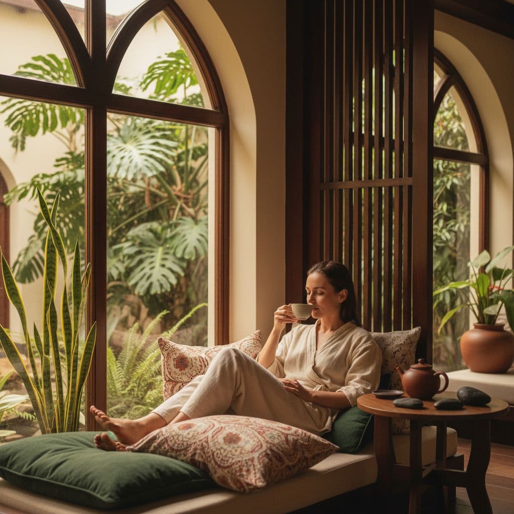 Cozy lounge in a Nairobi spa featuring one relaxed person sitting on cushions sipping herbal tea, with soft natural light, green tropical plants, and wooden accents creating a warm, peaceful atmosphere.