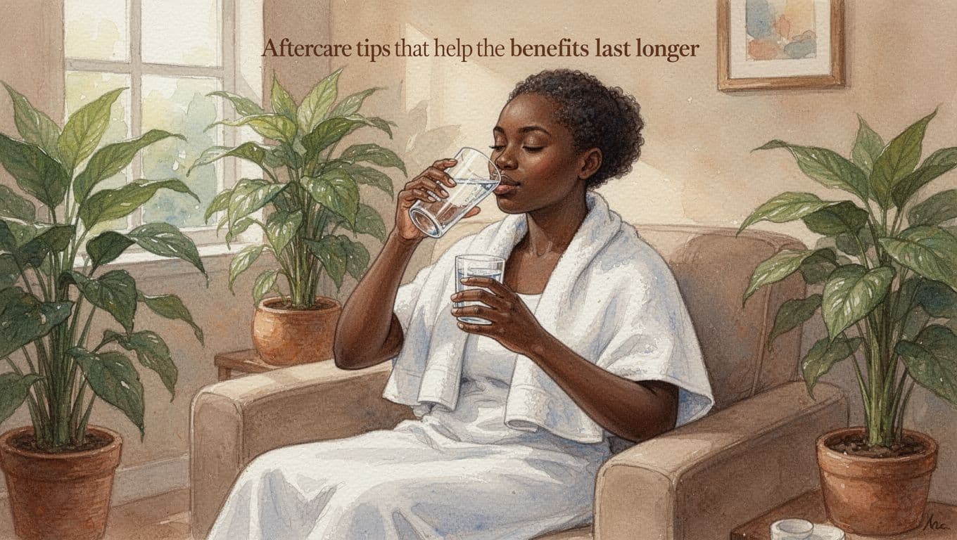 A single person sits relaxed in a cozy post-massage lounge at a Nairobi spa, sipping water from a clear glass with a towel loosely draped over their shoulders, showing a calm, satisfied expression amid soft seating, plants, warm lighting, and natural daylight. Rendered in watercolor style with soft blending, visible brush texture, and warm earthy tones.