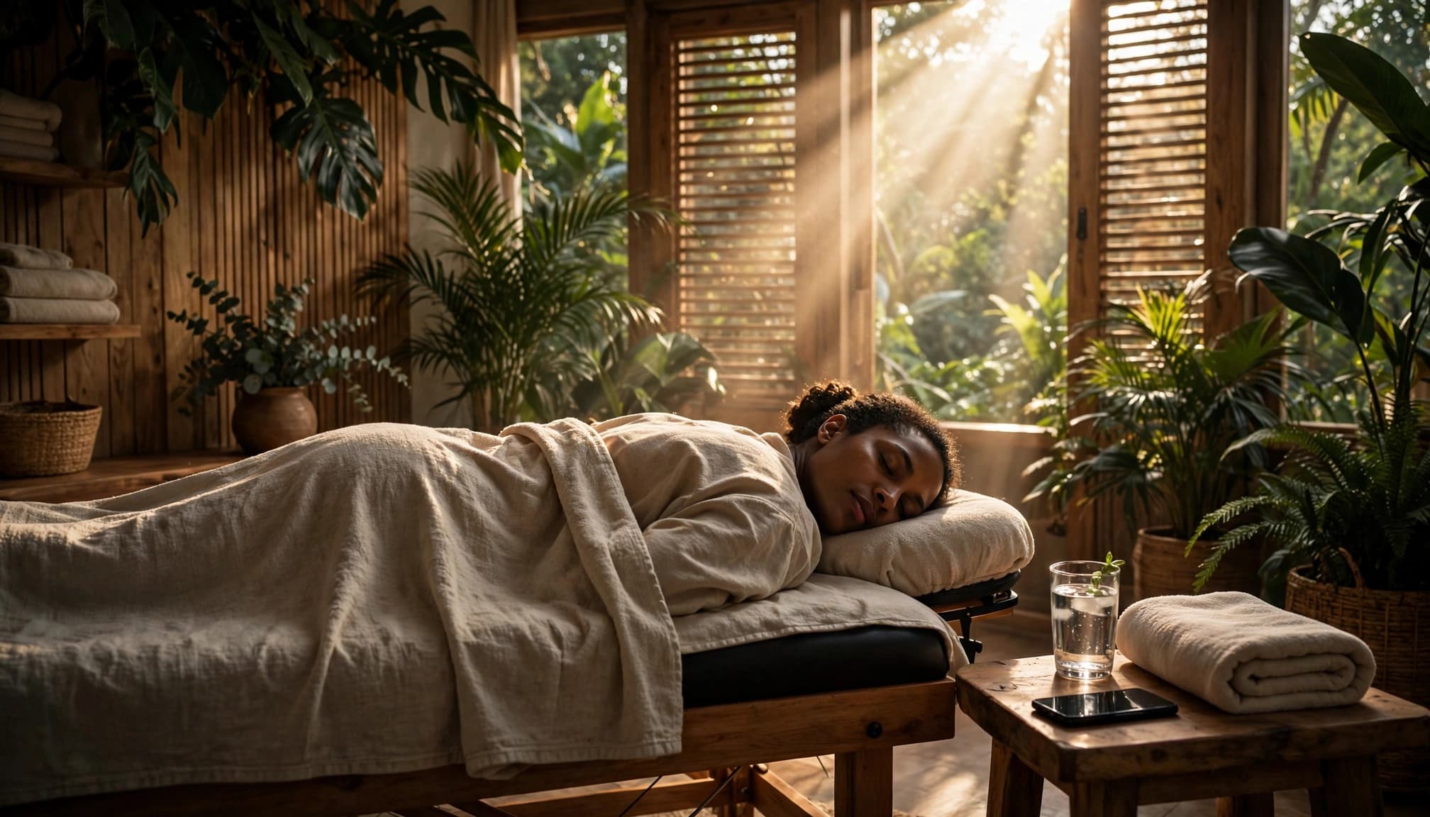 Client resting on a massage table with water and a towel nearby.