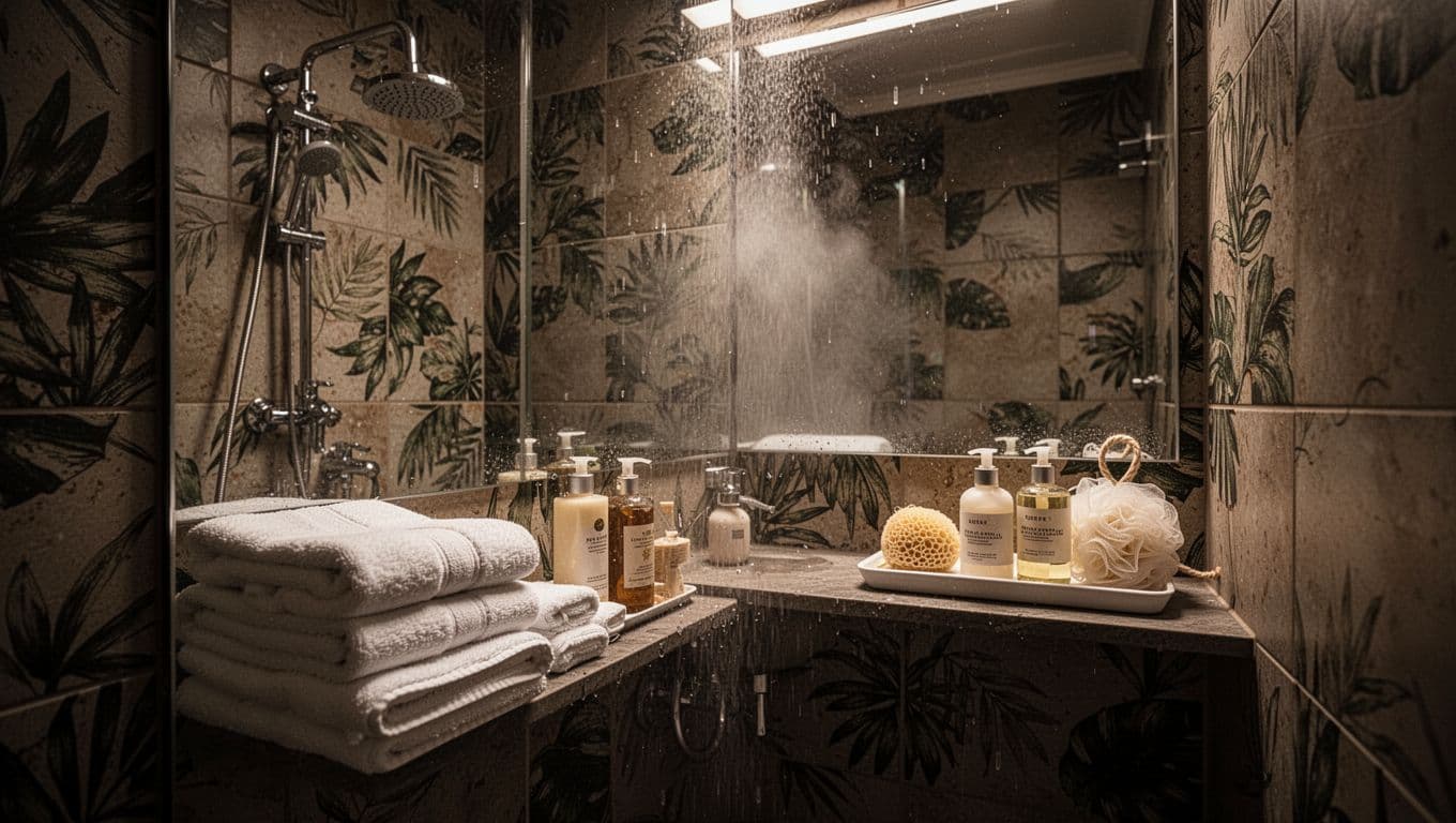 Clean empty private shower room in upscale Nairobi spa for pre-massage preparation, with fresh white towels, natural shower gel, loofah, steamed mirror, warm lighting, and tropical leaf tiled walls.