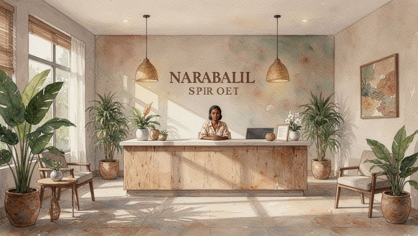 A watercolor painting of a peaceful spa reception desk with soft lighting and an attendant.