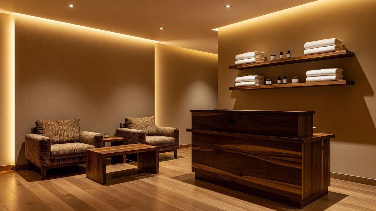 A minimalist massage spa reception in Kilimani features warm ambient lighting and polished local wood accents. A plush seating area sits neatly beside a clean desk in this professional serene space.