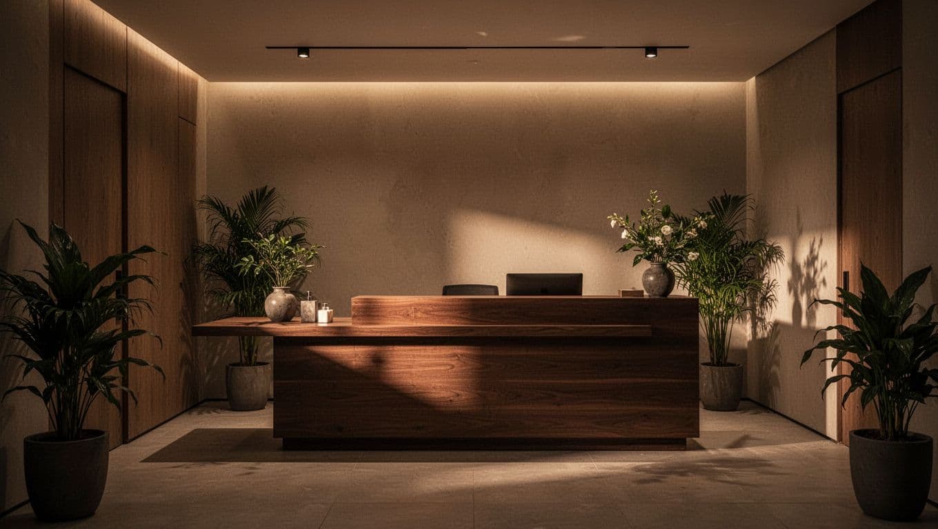 A minimalist reception desk crafted from dark wood sits under warm recessed lighting in a serene spa. A glass vase with local flora rests on the stone counter near subtle ambient shadows.