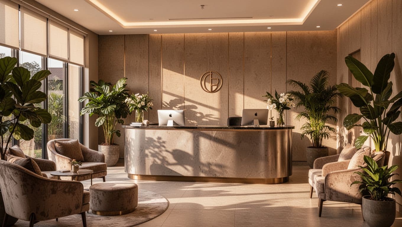 A polished reception desk stands center stage in a tranquil spa lobby featuring lush indoor plants and soft, glowing lighting. Comfortable armchairs provide a welcoming space for guests to relax.