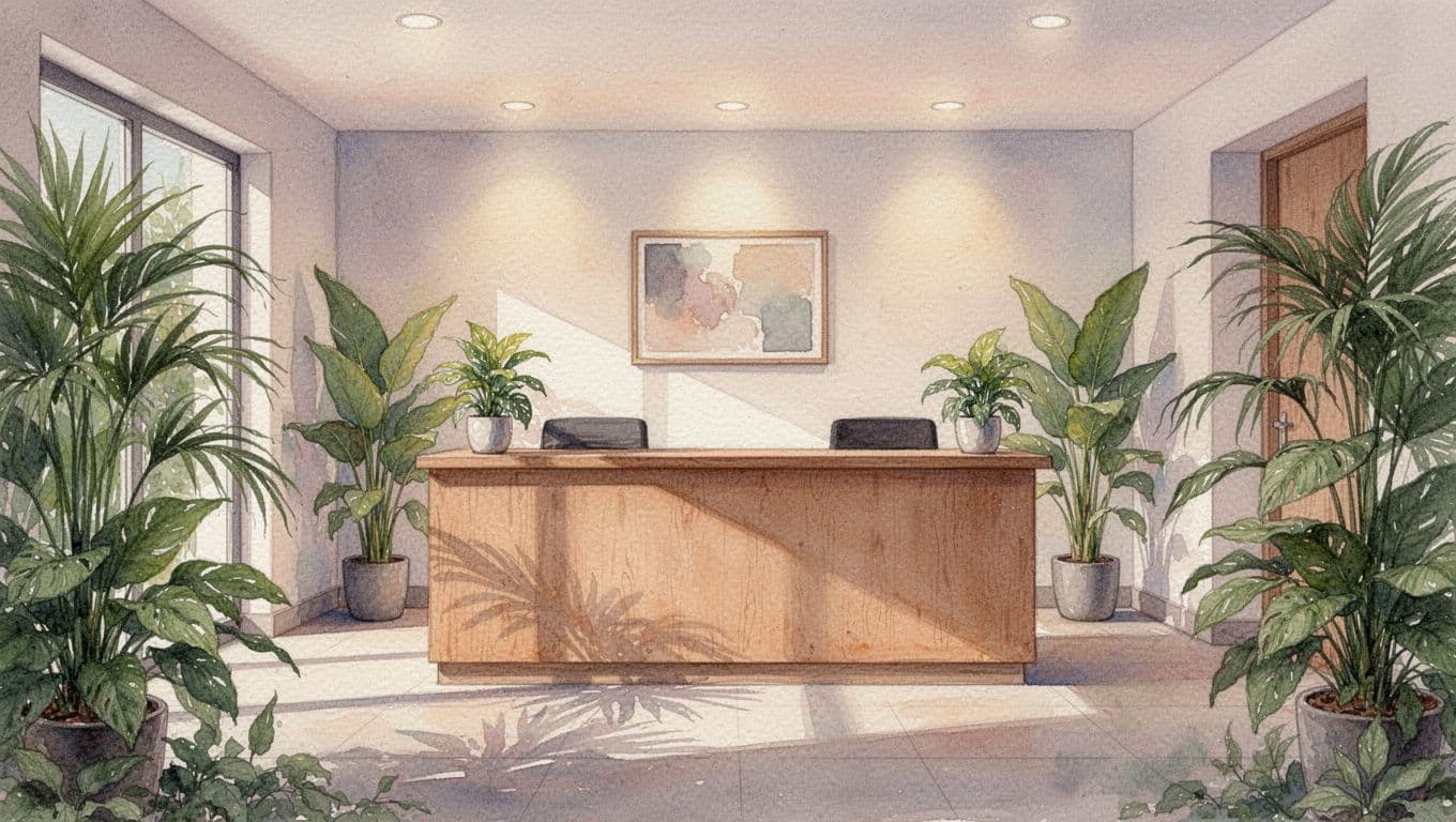 A watercolor illustration of a minimalist wooden reception desk surrounded by lush indoor plants.