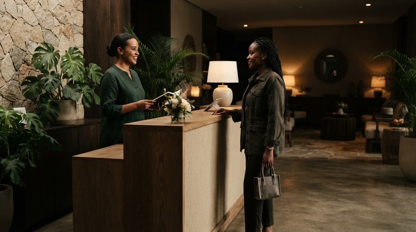 A client speaks with a receptionist at a calm spa desk in Nairobi.