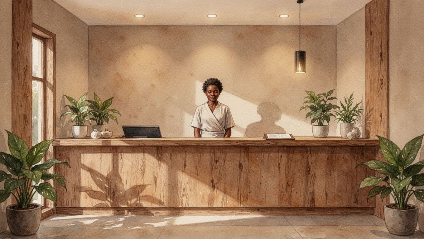 A guest stands at a warm wooden reception counter in a tranquil spa. Soft ambient lighting illuminates earth-toned walls, while watercolor brush strokes create a soothing, textured atmosphere throughout the scene.