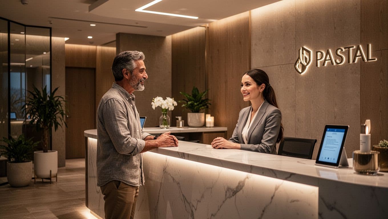 A guest consults with a welcoming receptionist at a minimalist spa front desk. The warm, ambient lighting highlights the clean surfaces and professional atmosphere of the tranquil wellness clinic interior.