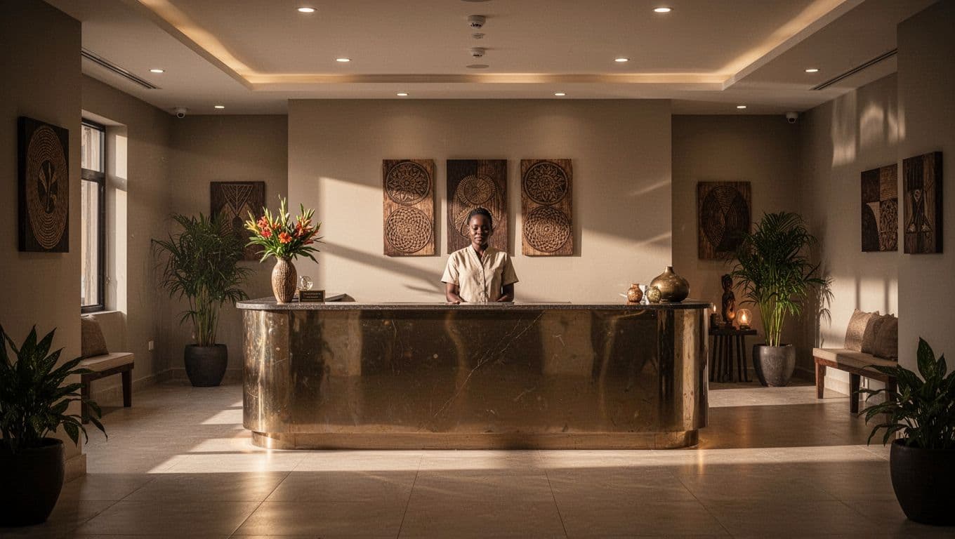 A serene and clean spa reception desk in Nairobi illuminated by warm, dramatic lighting.