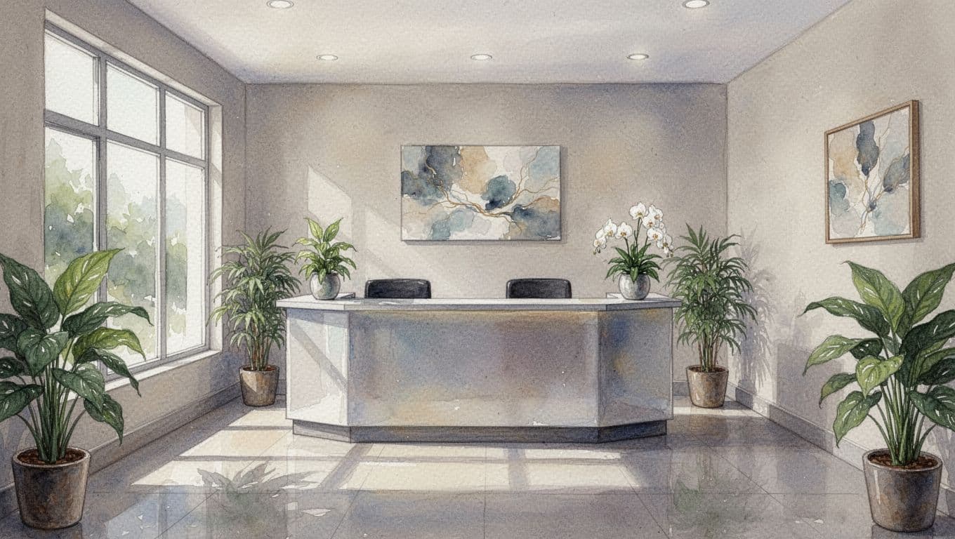 Nairobi Massage Services Contact: Safer Booking Tips A watercolor view of a clean spa reception desk with rolled towels and eucalyptus.