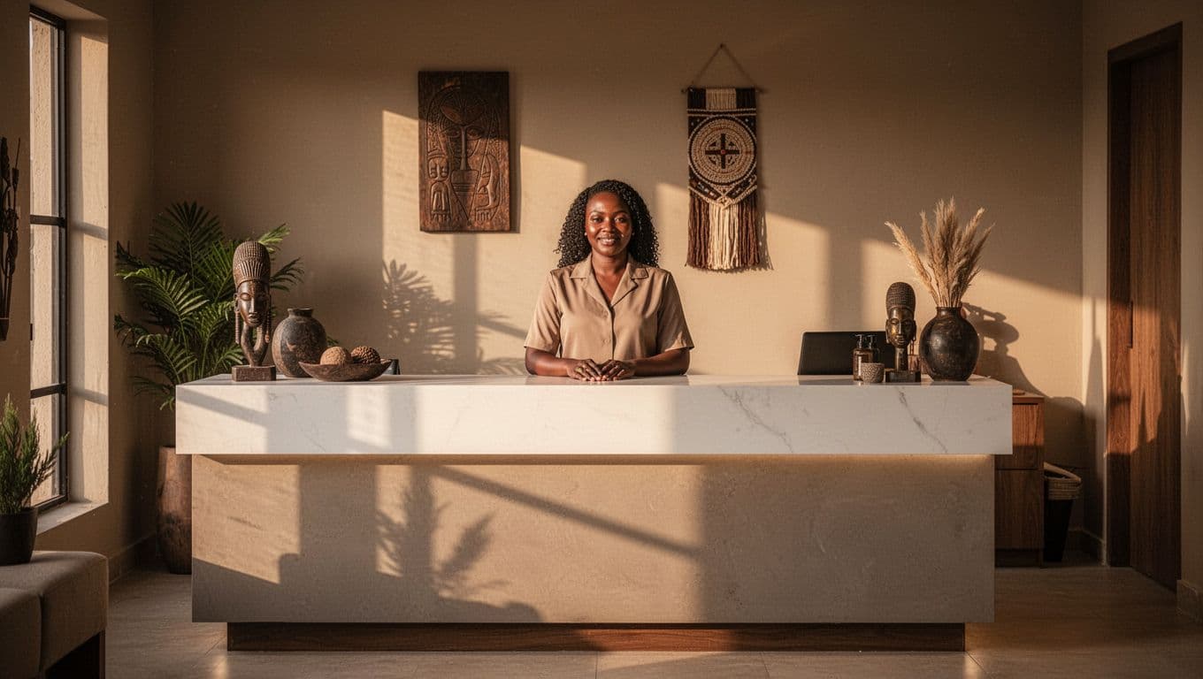 A modern spa reception desk lit by warm overhead lights in a serene Nairobi wellness center.