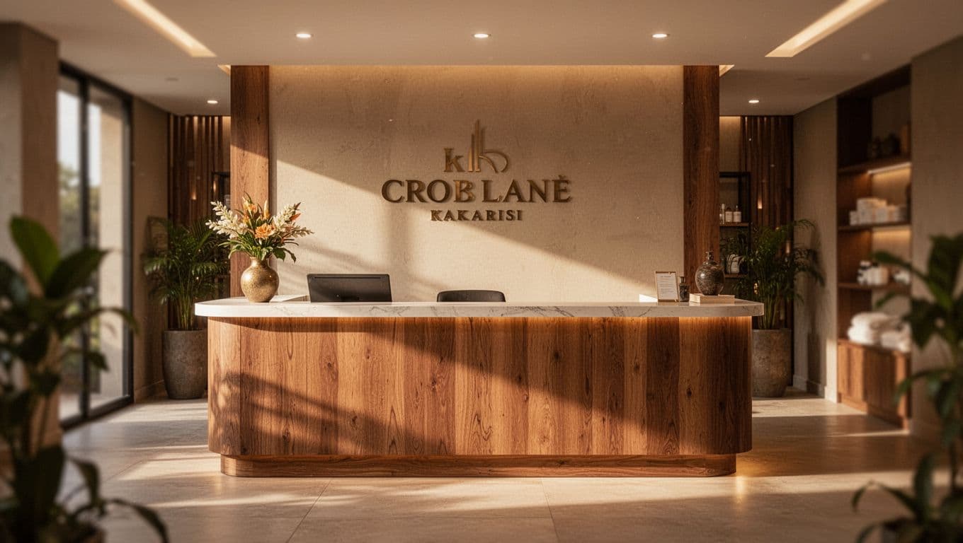 A warm wooden reception desk in a modern spa lobby under soft lighting.