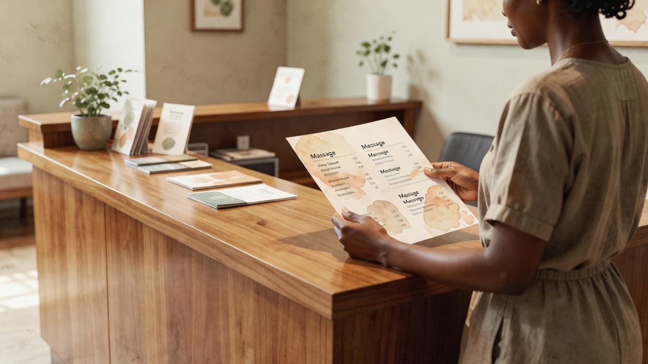 A patron stands at a minimalist wooden front desk in a quiet Kilimani spa, carefully reviewing a service menu. Soft, earthy watercolor washes define the serene space and textured interior surfaces.