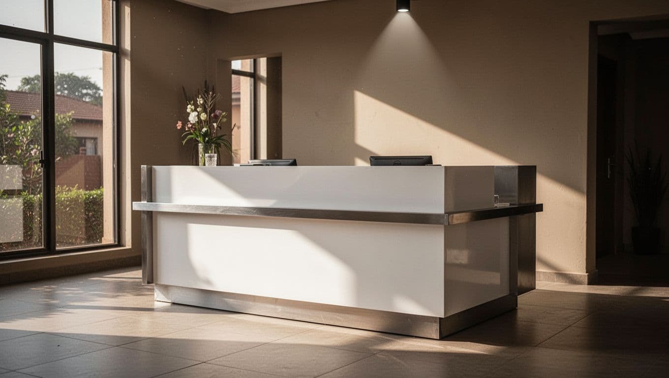A sleek wooden reception counter in a dimly lit Nairobi spa.