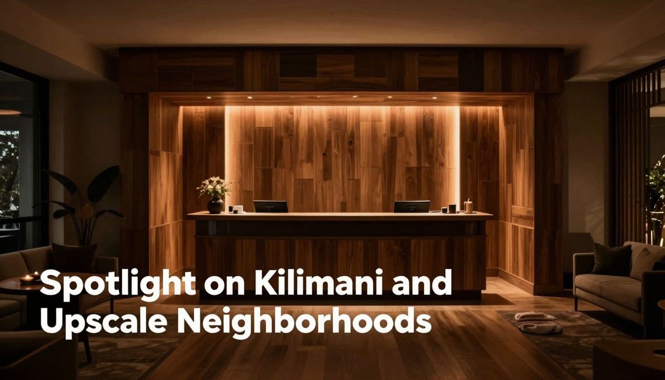 Upscale Nairobi spa reception with wood finishes, soft lighting, and elegant decor.