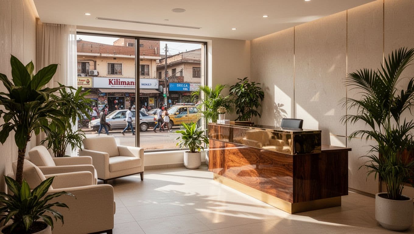 A polished wooden counter stands before cream-colored lounge seating within a bright, minimalist reception. Lush green plants soften the space while a Kilimani street scene appears through the glass window.