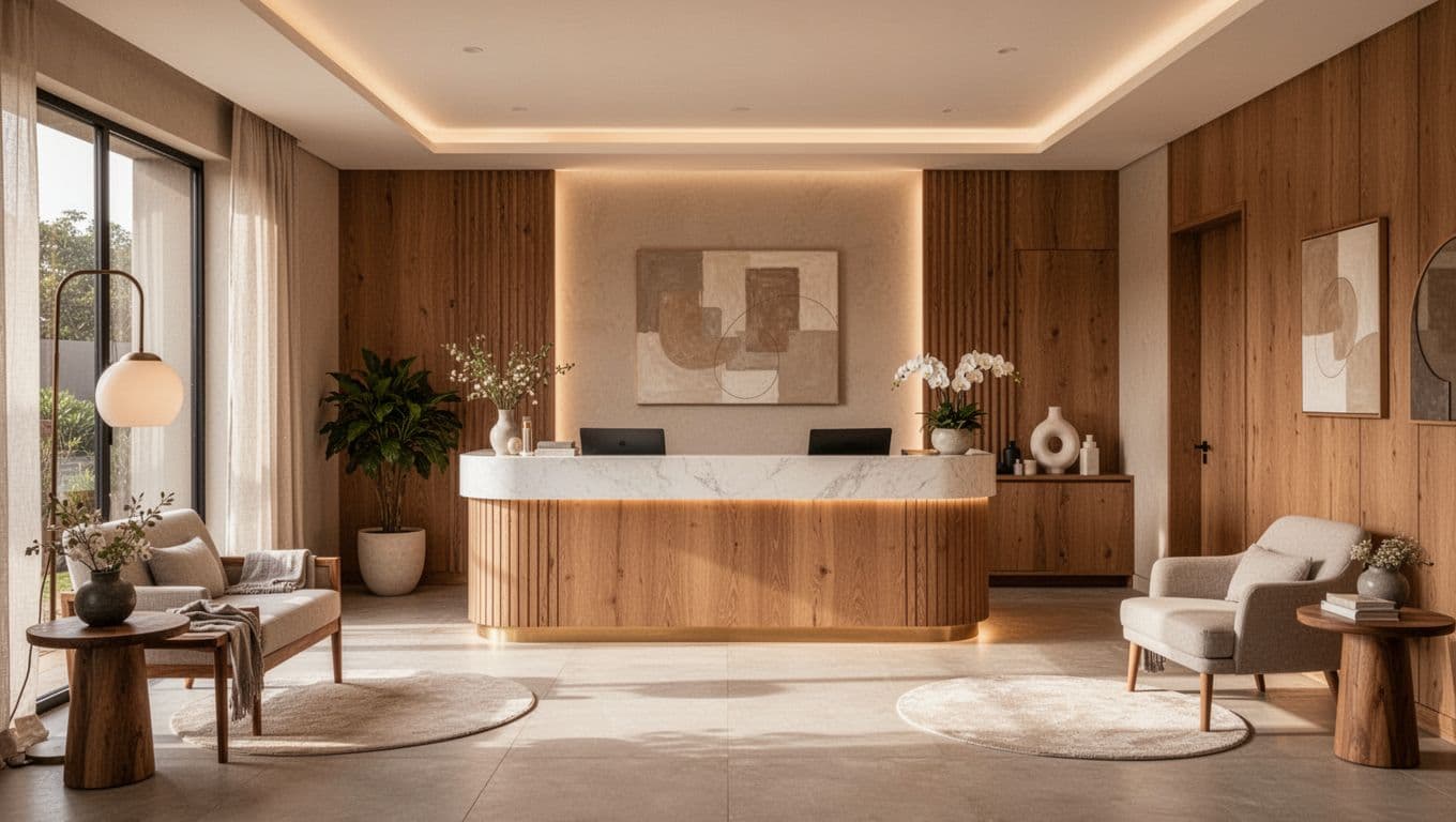 A minimalist reception desk crafted from polished light wood sits against a textured beige wall. Soft, warm ambient light illuminates the clean space, highlighting natural wooden accents and elegant botanical decor.