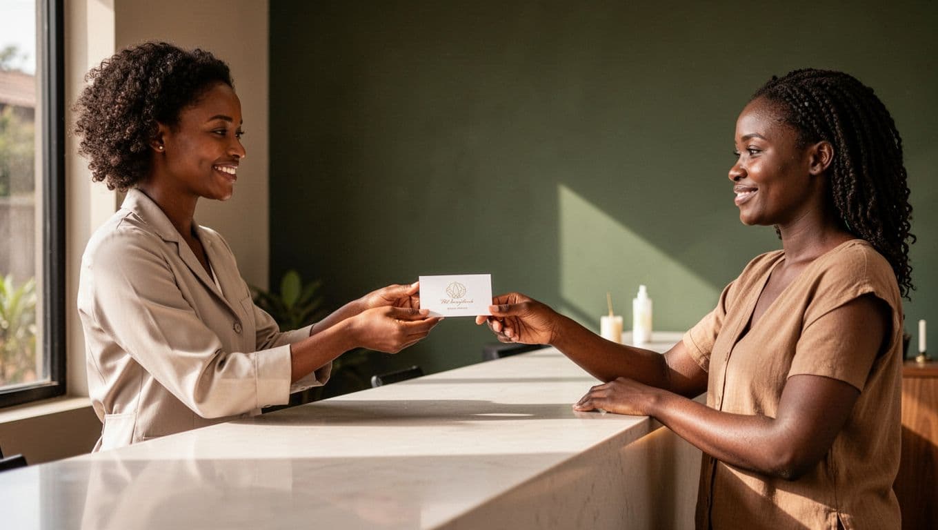 A friendly therapist at a modern Nairobi spa reception hands a simple pricing chart for basic massages to a relaxed client, under soft natural light in a professional atmosphere.