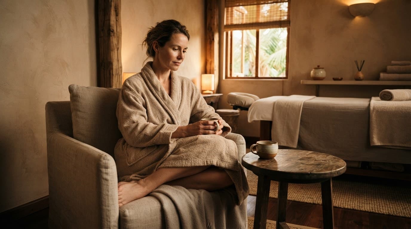 Adult client relaxing on neutral linens in a warmly lit spa room.