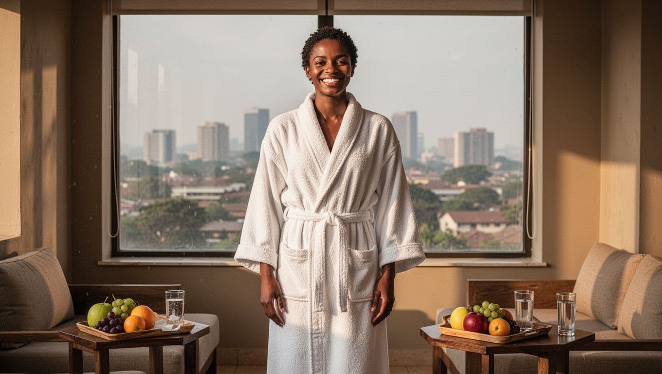 A refreshed person in a loose white spa robe stands energized and smiling with bright eyes in a sunlit Nairobi spa lounge, featuring a subtle city skyline view through the window and fresh fruits with water nearby, symbolizing full body and spirit rejuvenation.