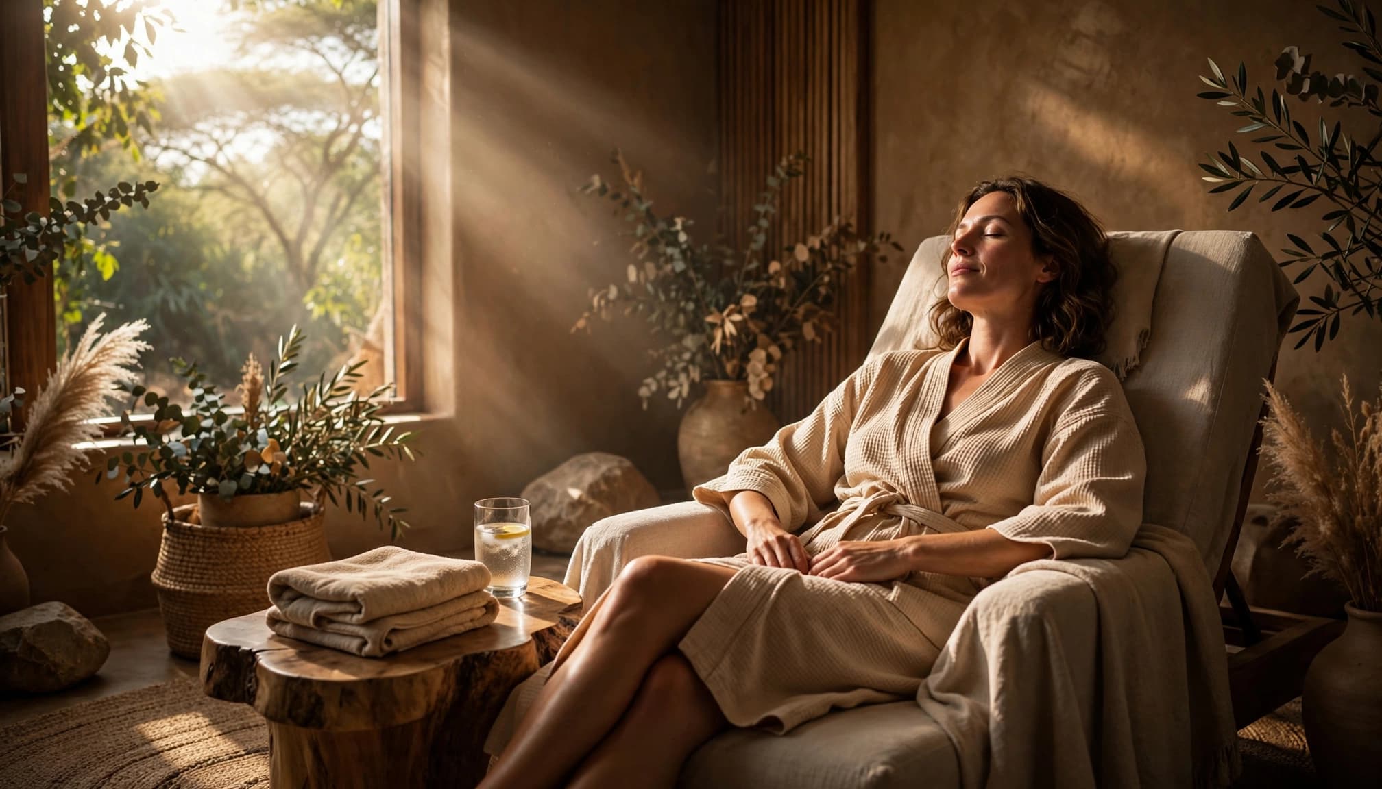 Client relaxing after a massage in a softly lit Nairobi spa lounge with water nearby.