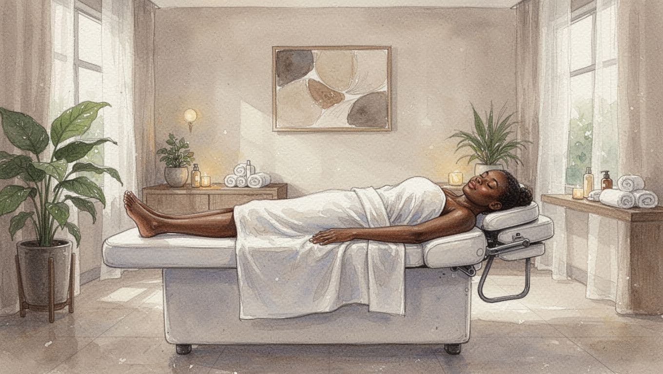 A person rests peacefully on a cushioned massage table inside a serene Nairobi spa. Warm light bathes the room, highlighting soft neutral linens and a calming watercolor aesthetic throughout the space.