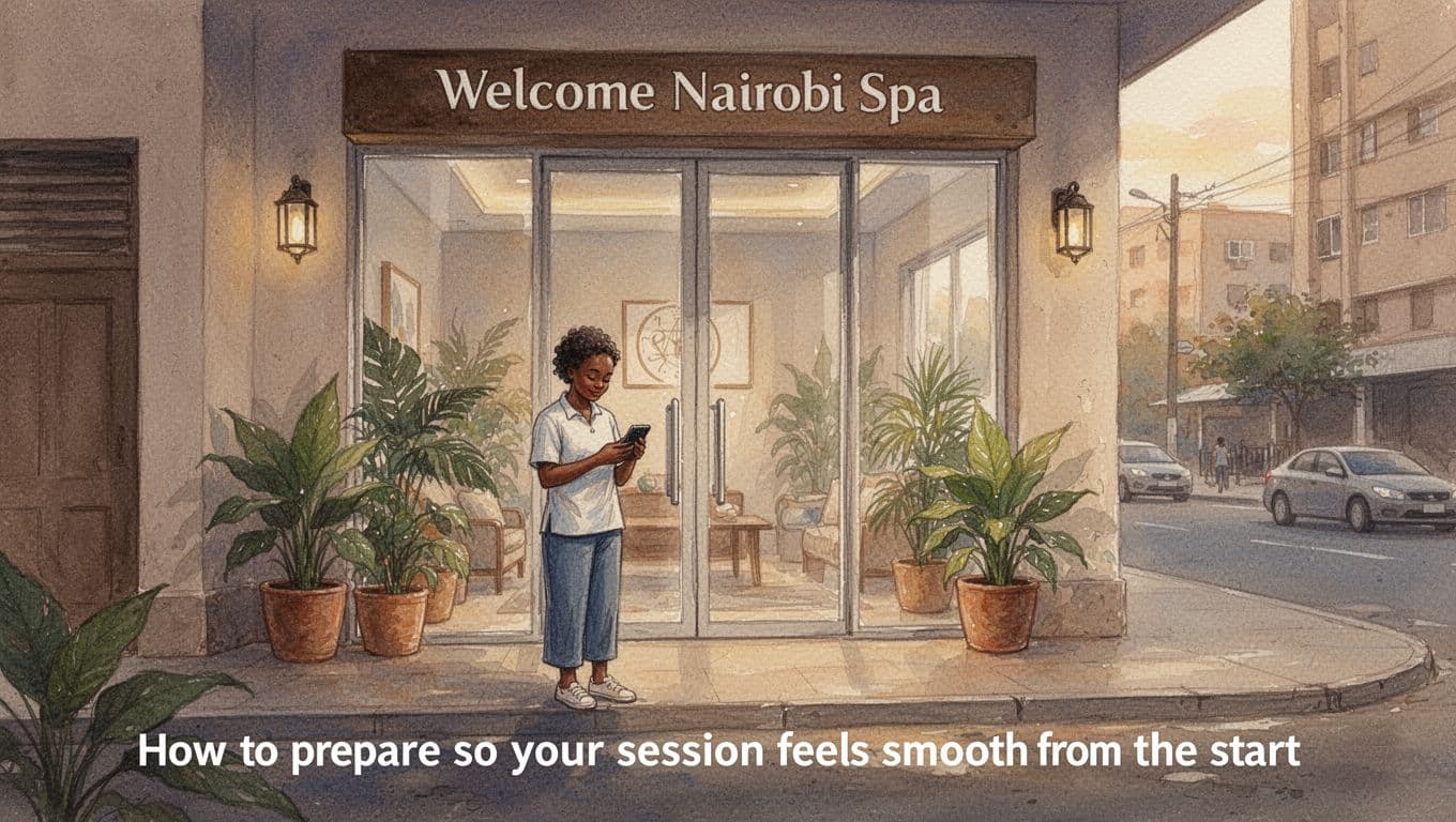 A single person stands relaxed outside a welcoming Nairobi spa entrance with clean glass doors, potted plants, and soft golden hour lighting, checking time on phone after arriving early. Watercolor style featuring soft blending, visible brush texture, and warm earthy tones.