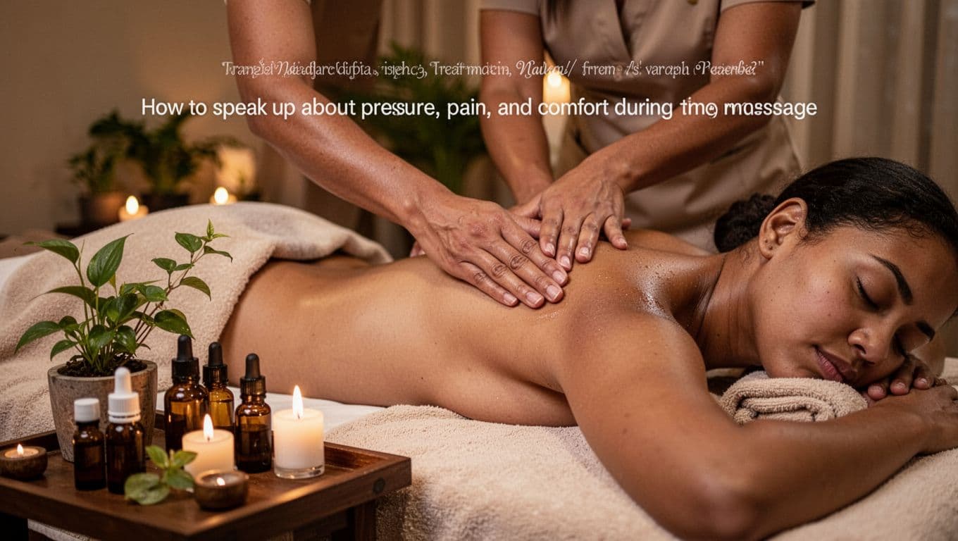 Massage Nairobi: How to Choose the Right Spa and Treatment 9 Therapist's hands apply gentle pressure to a client's towel-draped shoulders on a massage table in a serene Nairobi spa room with dim lighting, essential oils, and plants.