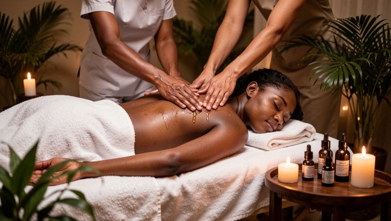 Massage Nairobi: How to Choose the Right Spa and Treatment 3 In a tranquil Nairobi spa treatment room, a therapist's hands gently apply oil to the shoulders of a client lying face down on a massage table, draped in a white towel. Dim lighting, flickering candles, essential oil bottles, and tropical plants create a relaxing ambiance.