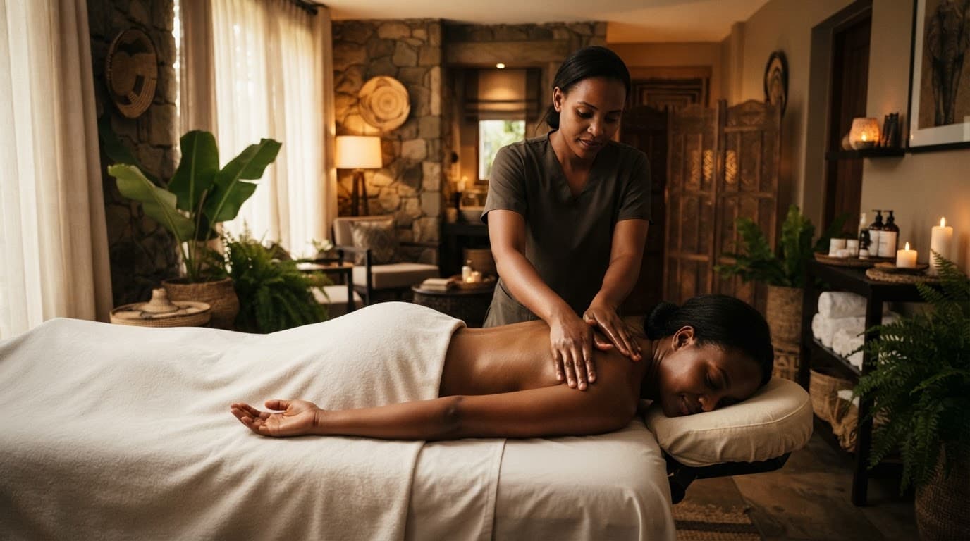 A therapist massages a draped client in a warmly lit Nairobi spa.