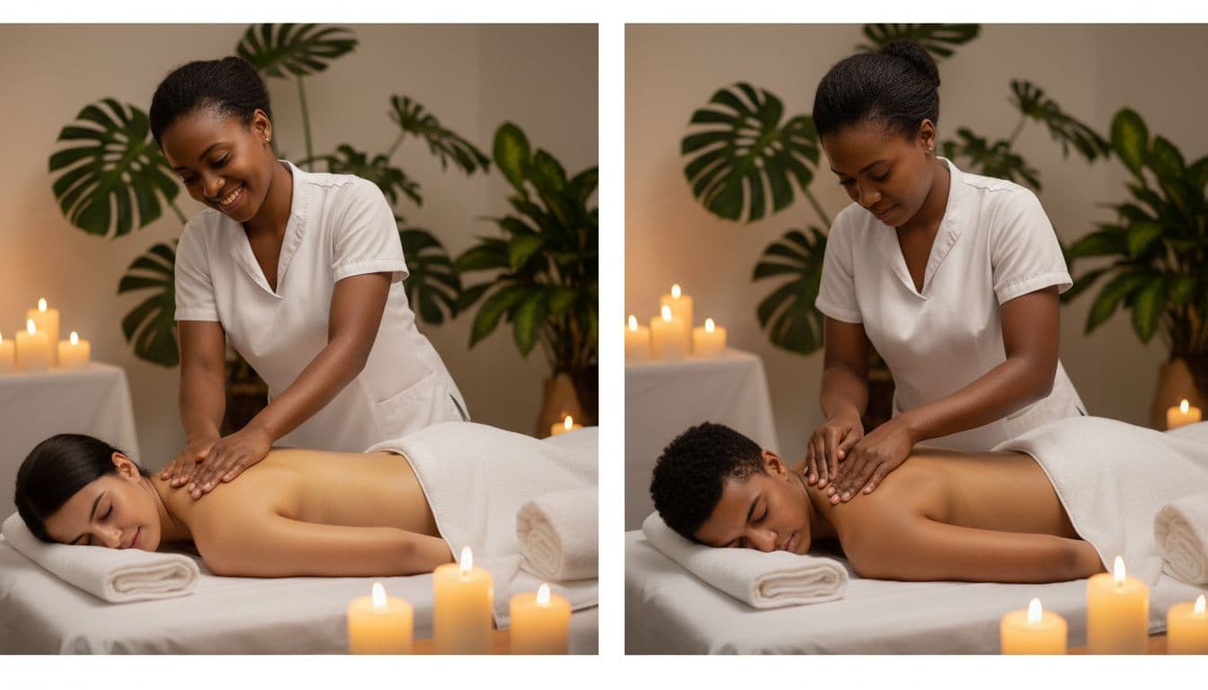 Side-by-side comparison in a Nairobi spa setting: left shows gentle Swedish massage with long gliding strokes on a client's back, right shows deep tissue massage with thumbs pressing a muscle knot. Professional setup features clean linens, towels, candle lighting, and tropical plants with one therapist and draped client per side.