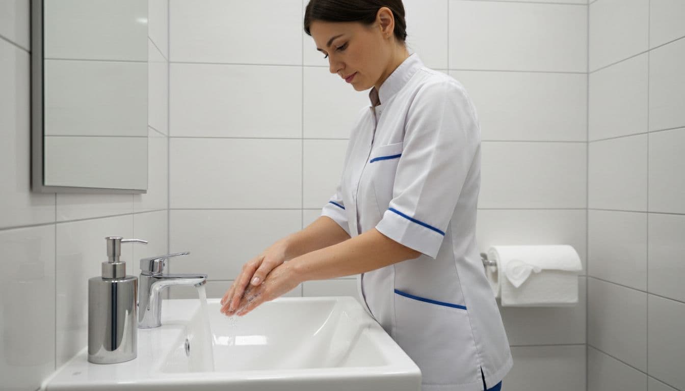 Nairobi Massage Guide: Styles, Prices, Safety, and Aftercare (2026) 10 Female therapist in professional uniform thoroughly washes hands at a clean sink in a Nairobi spa washroom, with fresh soap dispenser and paper towels nearby, under bright lighting on tiled walls.