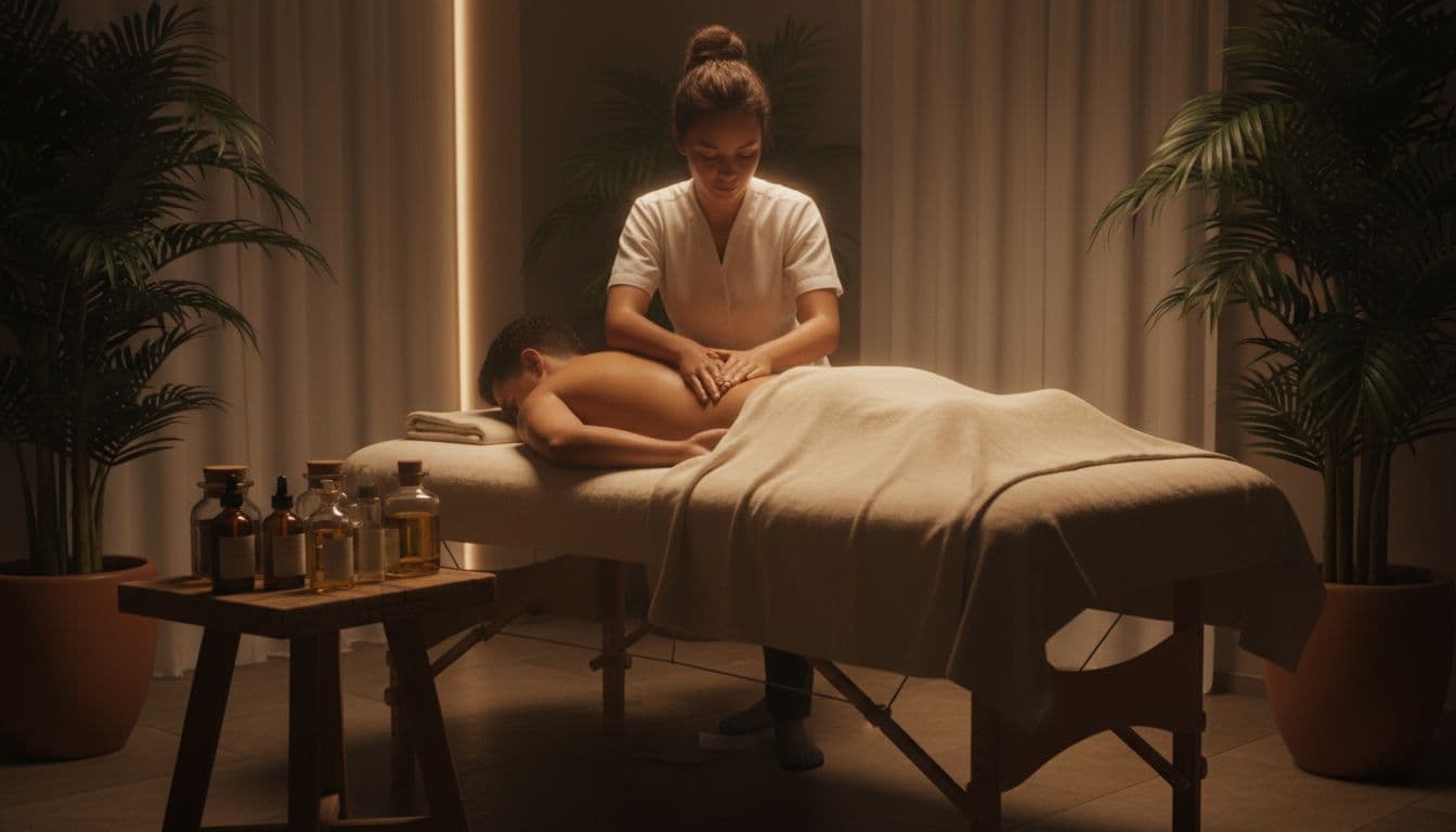 Serene spa room in Nairobi with a skilled female therapist massaging the back of a draped male client on a professional table, quality essential oils on a wooden side table, soft ambient lighting, and a quiet peaceful atmosphere with plants.
