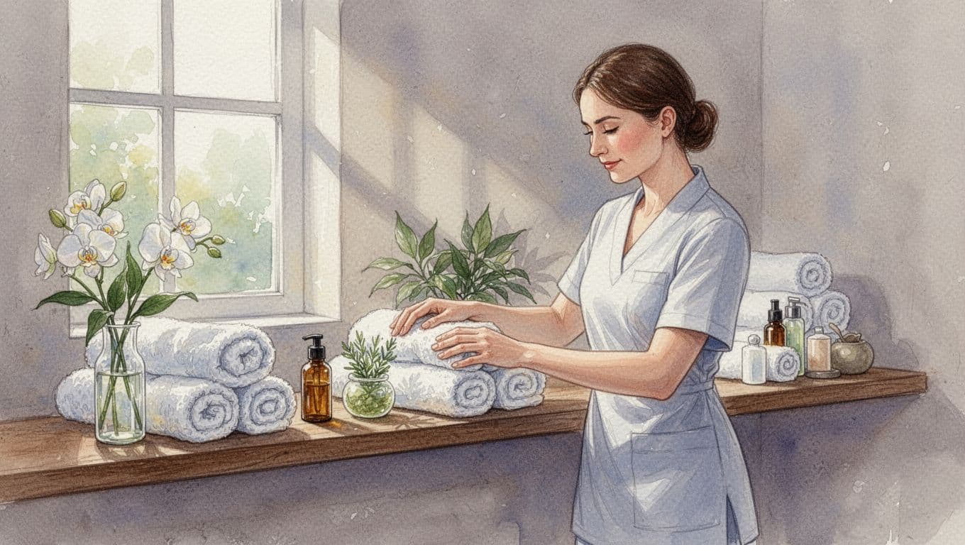 A therapist arranges towels and oils on a wooden shelf in a spa.