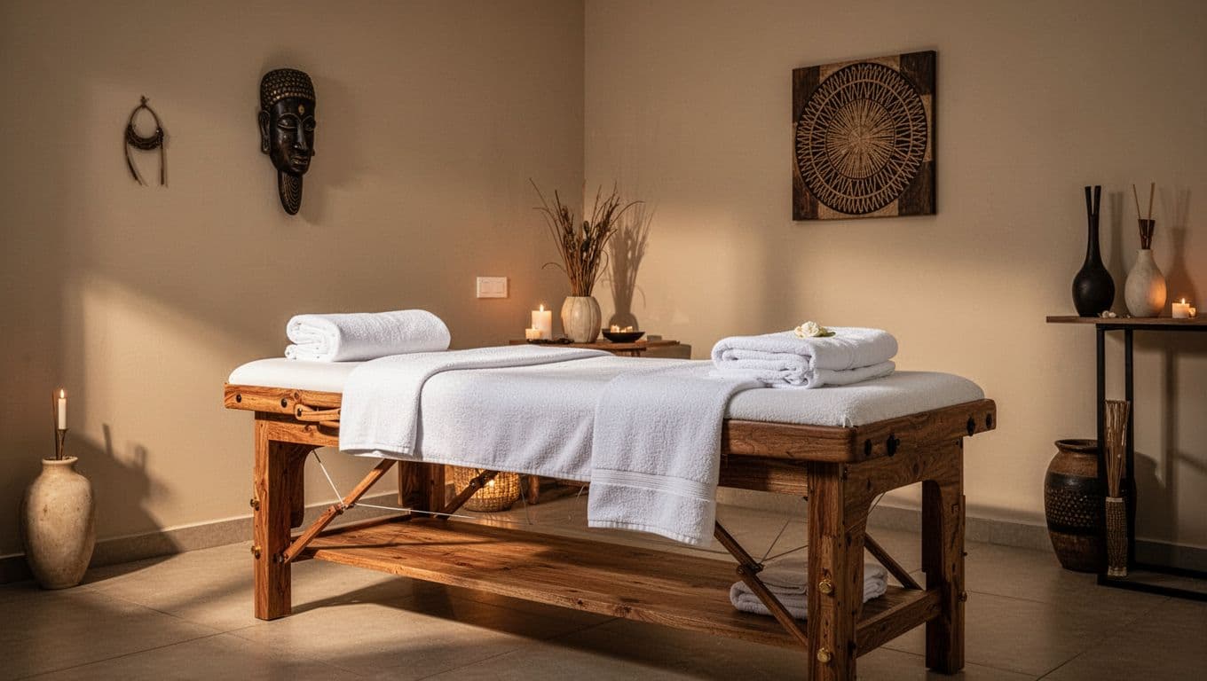 A minimalist massage room in Nairobi features a polished wooden therapy table draped in crisp white towels. Soft ambient light illuminates the clean interior, creating a tranquil atmosphere for professional wellness.