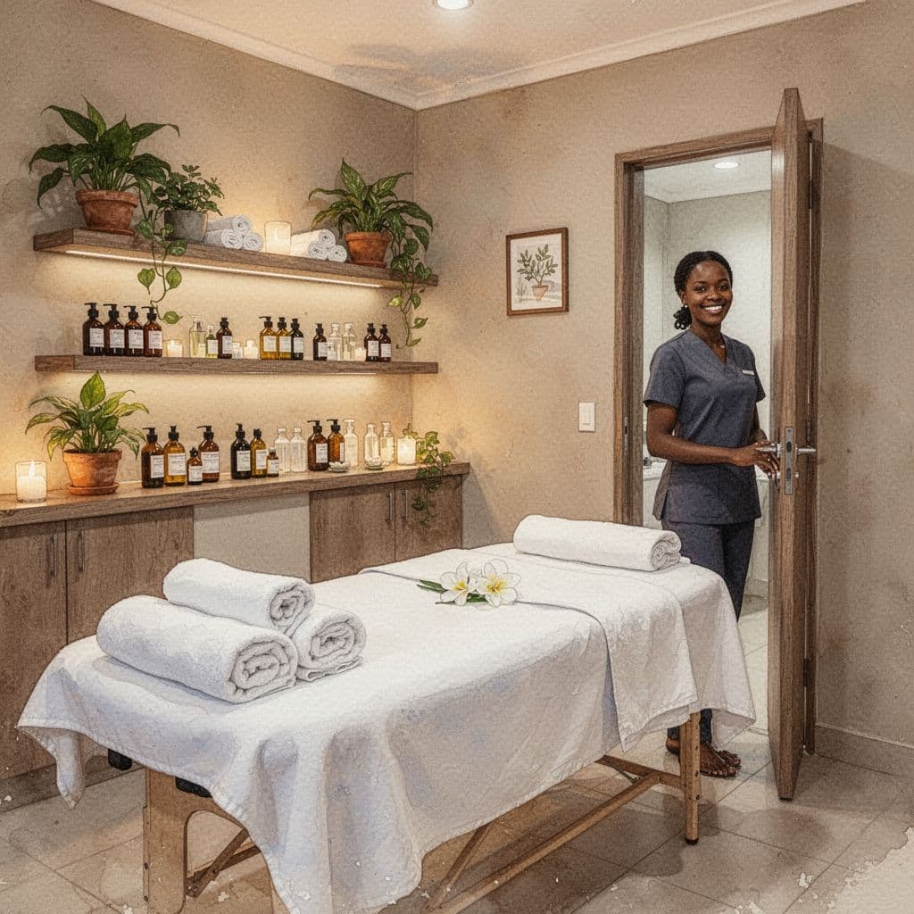 Massage in Nairobi: Types, Prices, and Fortune Spa in Langata 10 Watercolor spa room interior with massage table, white linens, potted plants, oils, warm lighting, open door showing therapist silhouette.