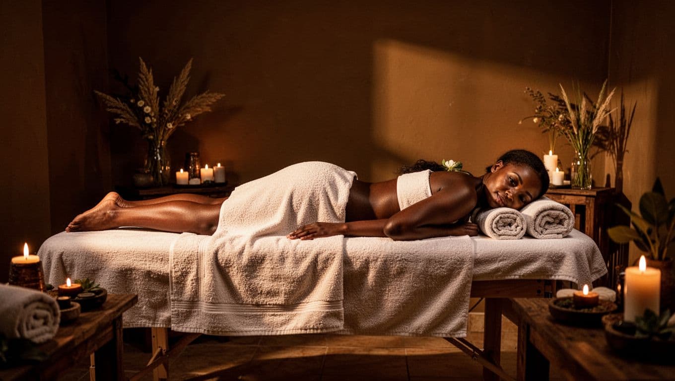 Adult guest resting on a massage table in a warm spa room.