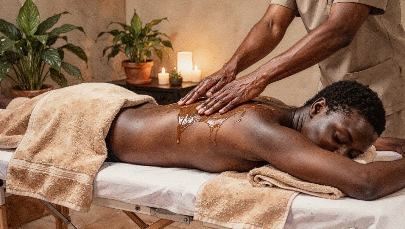 In a serene Nairobi spa room with dim warm lighting and potted plants, a therapist's hands apply smooth flowing strokes with oil to a client's upper back on a massage table, capturing full relaxation in watercolor style with soft blending and warm earthy tones.