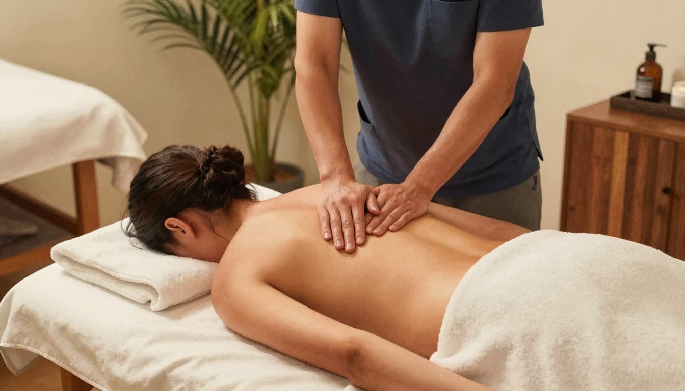 Massage therapist applies firm pressure to tight upper back and shoulders of a client face down on a table draped with white towel in cozy Nairobi spa with wooden accents, tropical plants, and soft lighting. Watercolor style emphasizes muscle relief with soft blending, brush texture, and warm earthy tones.