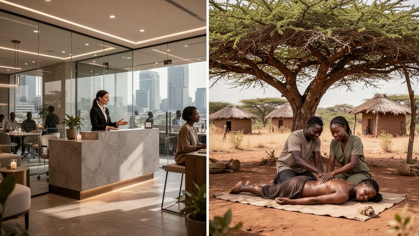 Split composition contrasting a busy urban Nairobi spa reception displaying higher weekend rates with a quiet rural Kenyan village massage setup under a tree showing lower prices, in realistic photo style with natural daylight and muted tones.