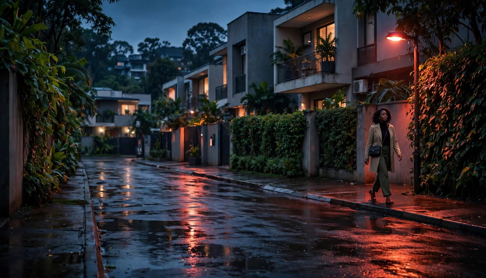 Female Companion Nairobi: A Respectful Search Guide 1 Xxnairobi- Best Escorts in Nairobi Directory in Kenya A woman walks along a wet, quiet street lined with leafy walls and low-rise buildings.