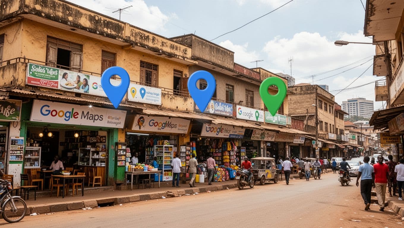 Vibrant daytime street in Nairobi featuring small local business storefronts like cafes and shops, with subtle Google Maps pins highlighting exactly three businesses on the facades, realistic photography in wide-angle composition with natural sunlight and minimal street activity.